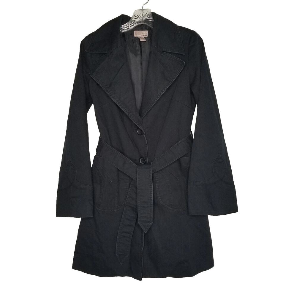 H&M Black Trench Coat Embroidered Women’s sz 6 Cotton Classic Business